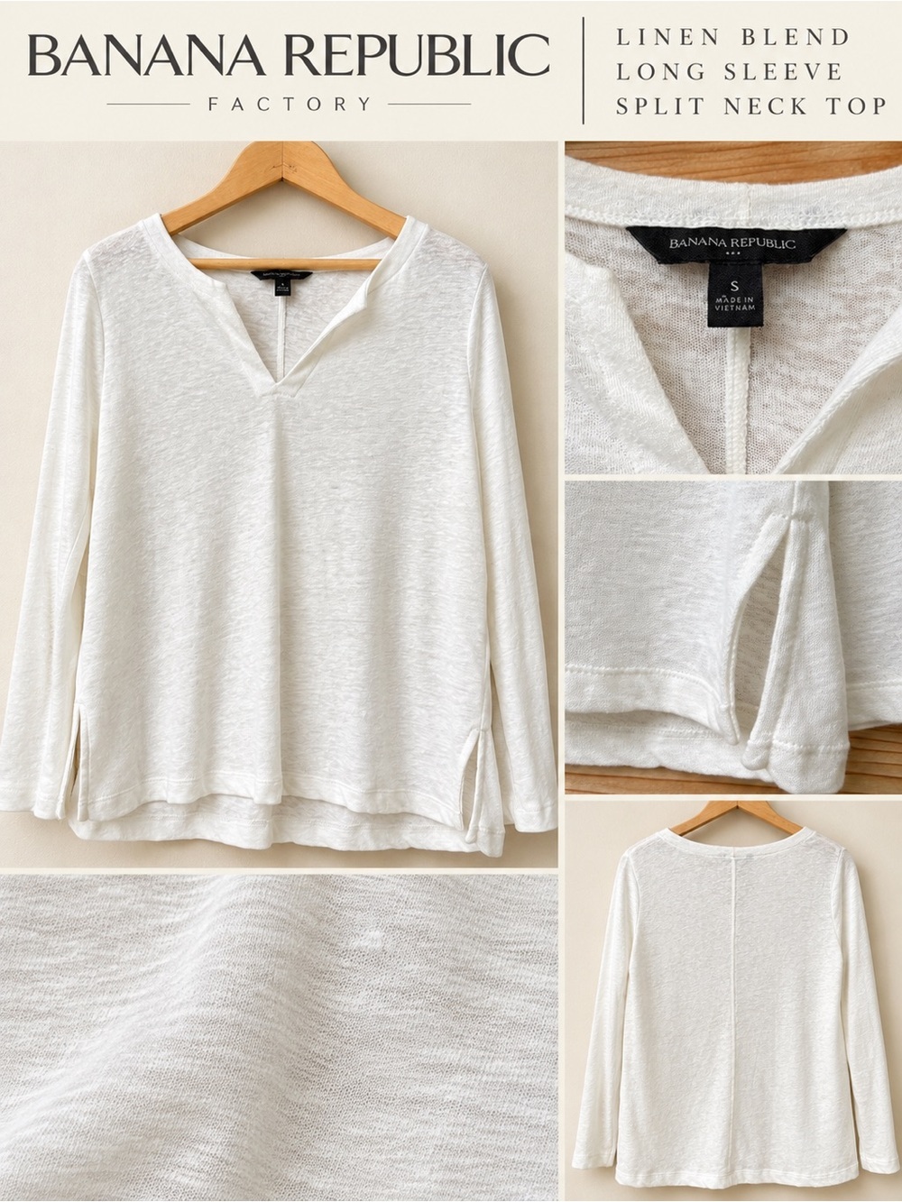 Banana Republic Linen Blend White Long Sleeve Split Neck Top Size Small
